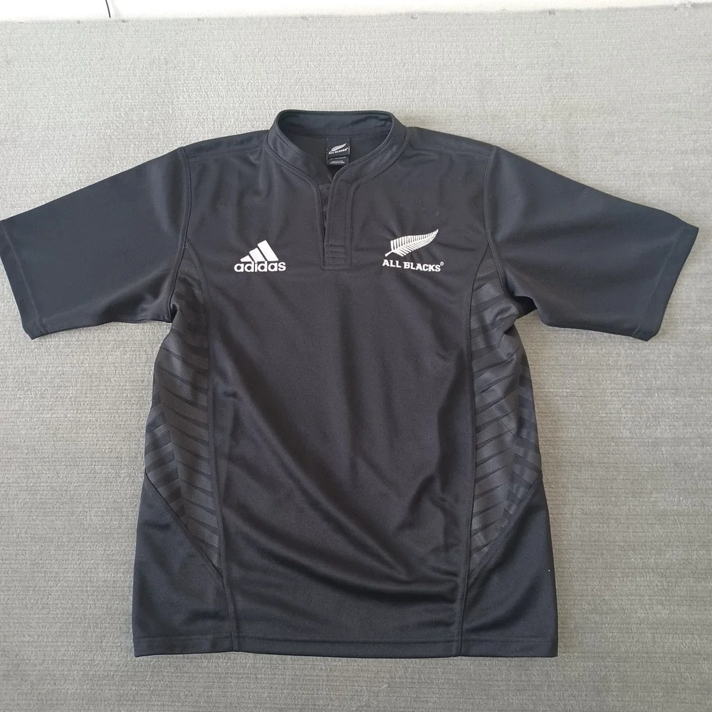 All Blacks New Zealand Adidas Rugby Jersey Men M Black Short Sleeve Stretch 2007